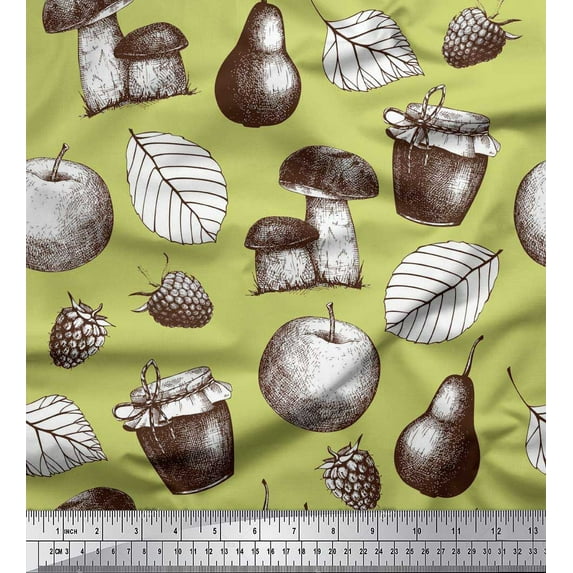 Soimoi Cotton Cambric Fabric Mushroom, Pear Fruits Printed Craft Fabric by The Yard 42 Inch Wide