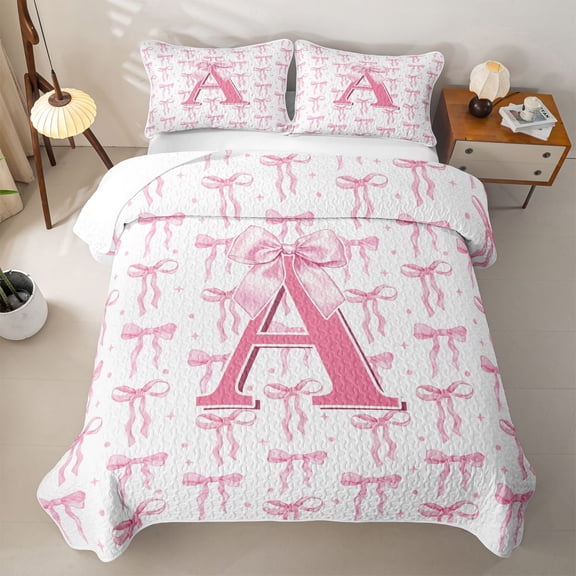 meiyoeat Pink Bow Quilt Full For Girls,Coquette Bowtie Monogrammed A Print Full Bedspread Sets For Kids,3-Piece