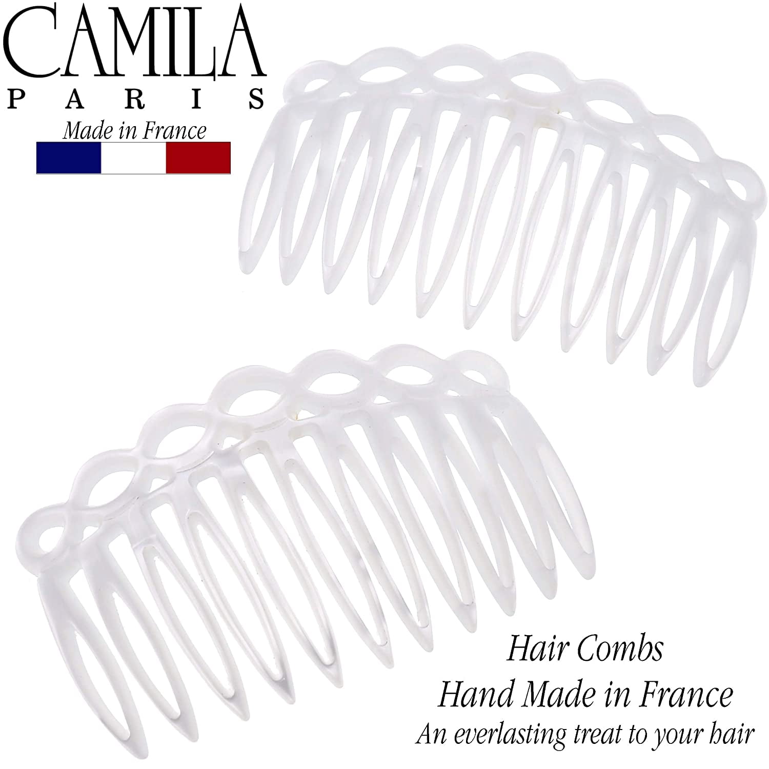 Camila Paris CP3142 French Hair Side Comb Small Handmade White French Twist Hair Combs Decorative, Strong Hold Hair Clips for Women Bun Chignon Up-Do Styling Girls Hair Accessories, Made in France