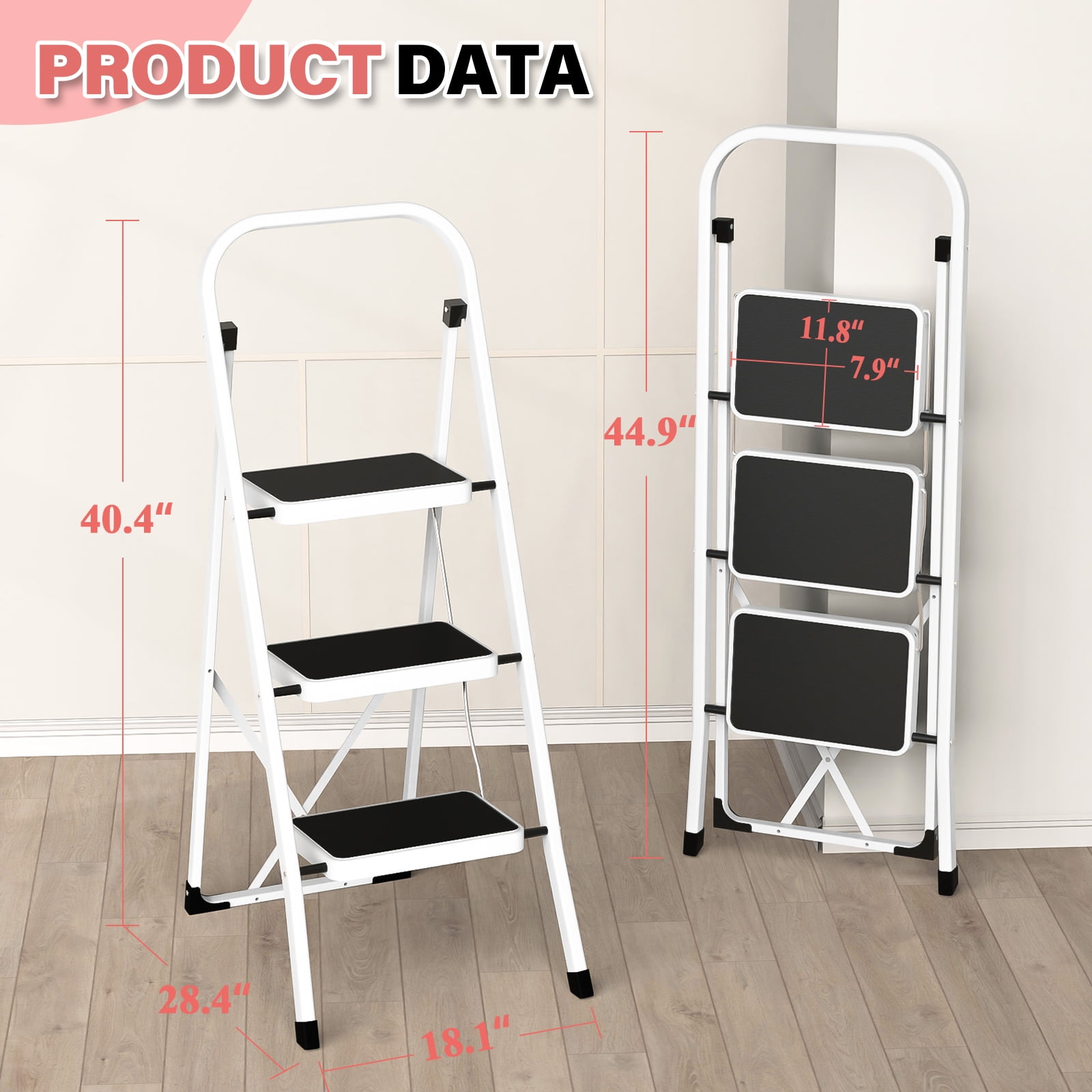 LevLad Step Ladder 3 Step Folding Ladder, Lightweight Portable Stepladder with Anti-Slip Pedal,330 lbs Capacity Step Stool for Kitchen, Home,White