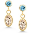 thumbnail image 2 of Gem Stone King 14K Yellow Gold Peach Simulated Morganite and Swiss Blue Topaz Drop Dangle Earrings for Women (1.30 Cttw, Gemstone Birthstone, Oval 6X4MM, Round 3MM), 2 of 4