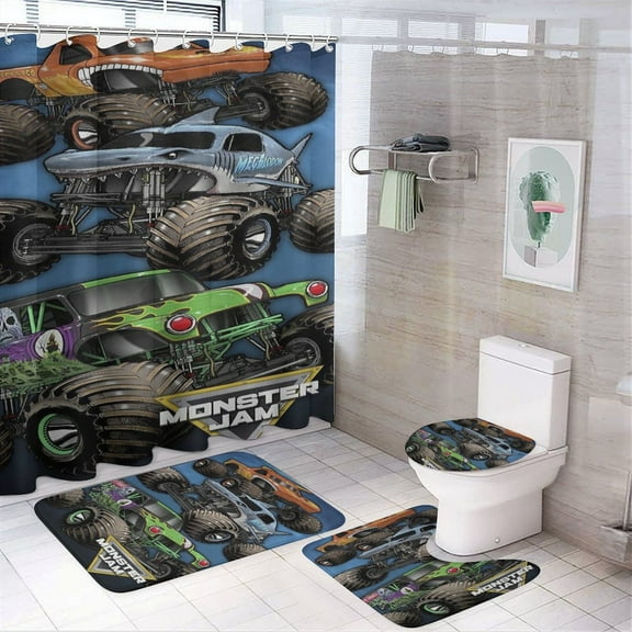 Monster Trucks Jam 4 Pcs Shower Curtain Sets Non-Slip Rugs Bath Mat Toilet Cover U Shaped Mat for Bathroom Decor Mats