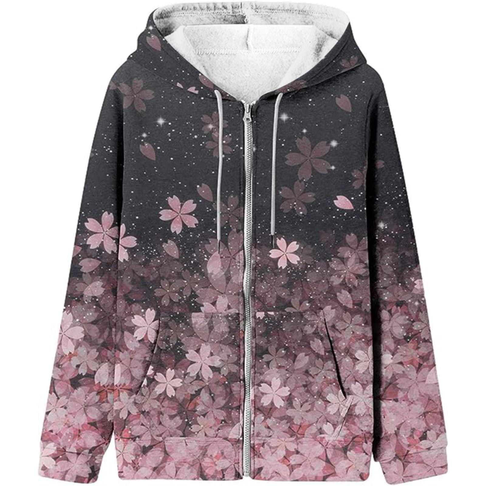 Winter Fall Floral Print Casual Pockets Long Sleeve Jacket Cute Drawstring Hoodie Zipper Women's Hooded Sweatshirt