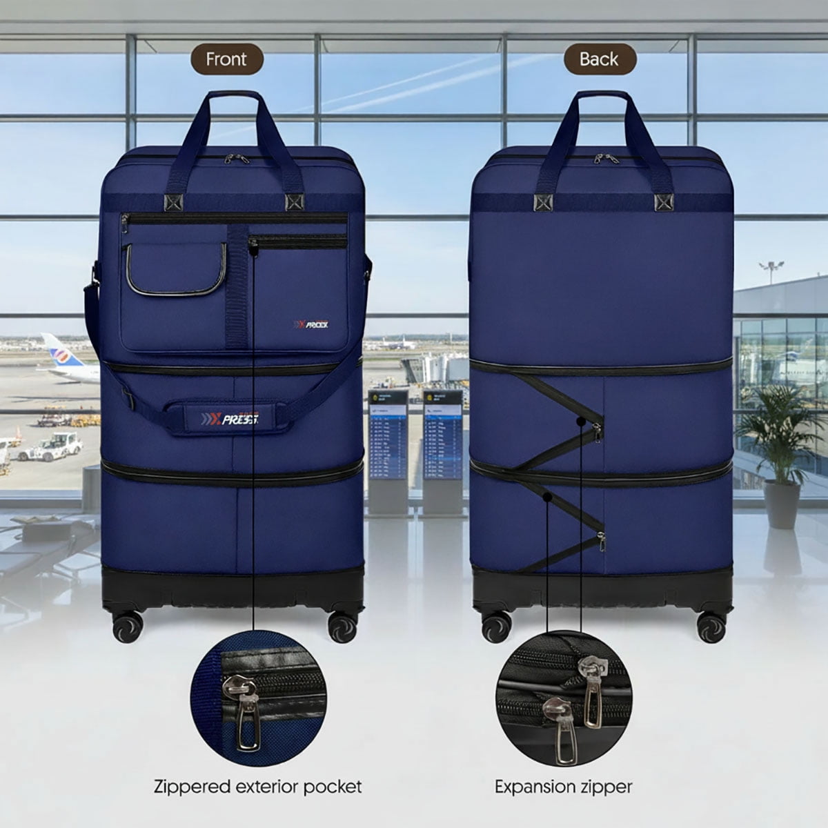 36" Expandable Foldable Suitcase Bag Large Collapsible Rolling Luggage Bag for Storage, Moving & Abroad Travel, Navy, JM