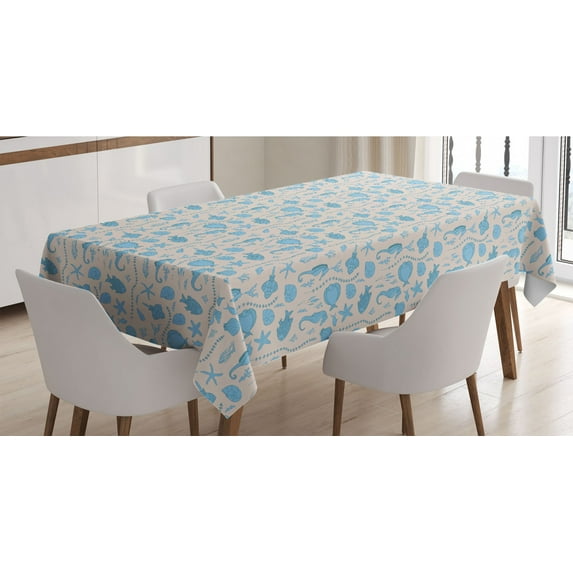 Nautical Tablecloth, Sea Plantation Seahorses Fish Shells and Corals Monochrome Illustration, Rectangle Satin Table Cover Accent for Dining Room and Kitchen, 60" X 84", Eggshell Sky Blue, by Ambesonne