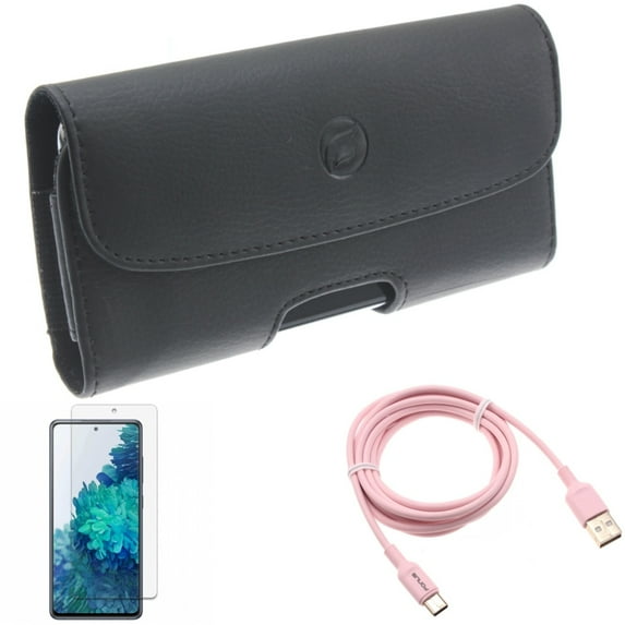 Case Belt Clip & Screen Protector & 6ft USB-C Cable for Samsung Galaxy S20 Fan Edition - Leather Holster + Anti-Glare Tempered Glass + Pink Charger Cord Combo