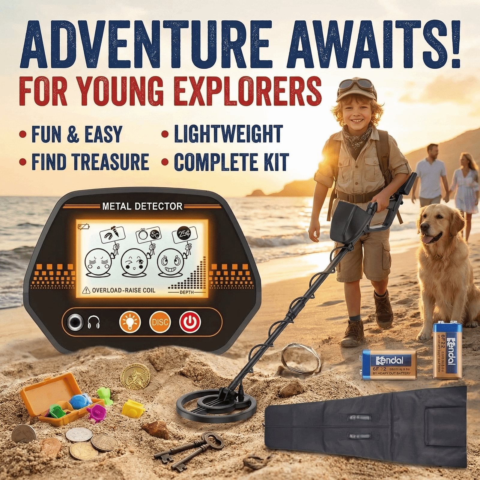 Mousport Metal Detector High Accuracy for Adults & Children,7.8" Waterproof Search Coil, Bigger LCD Display, Adjustable Length(24"-45"), Gift for Boys and Girls