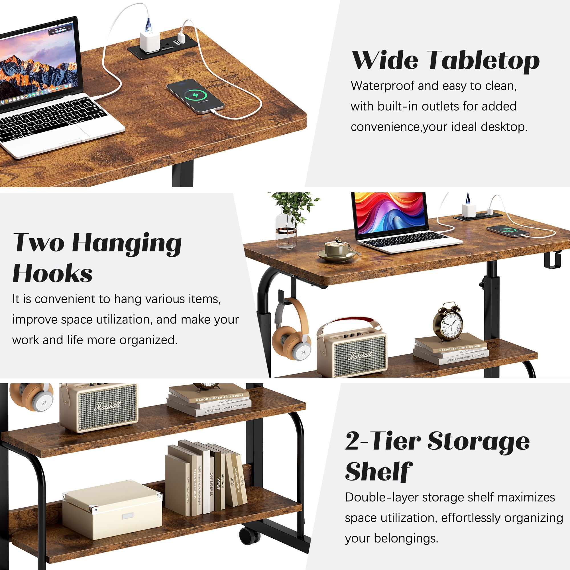 Soges 31.5" Height Adjustable Computer Desk with Charging Station, Adjustable Side Table Movable Laptop Desk with 2 Storage Shelves, Adjustable Desk on Wheels for Home Office, Sofa, Bed, Rustic Brown