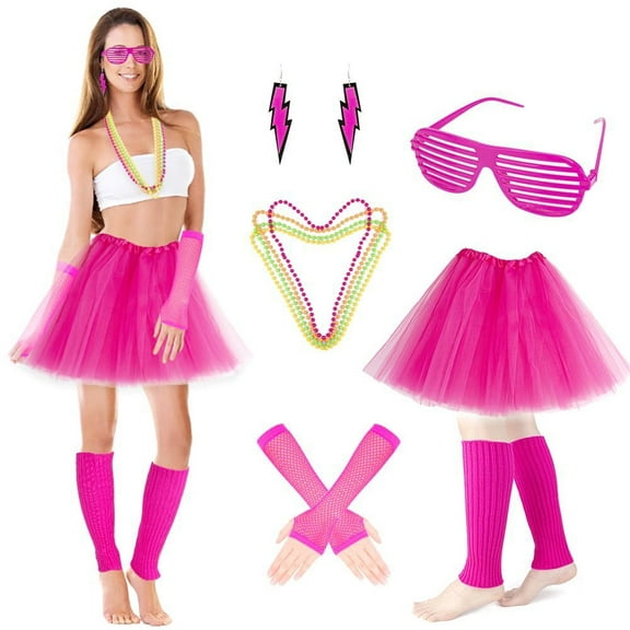 70s 80s Costume Accessories Outfits for Women Tutu Skirt Headband Leg Warmers Fishnet Gloves Cosplay Set