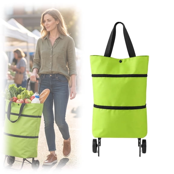shopping bag with wheels, 2-in-1 Waterproof Grocery Bag Hand Truck, Collapsible Rolling Tote for Shopping, Laundry & Travel, 33 lbs Capacity(Green)