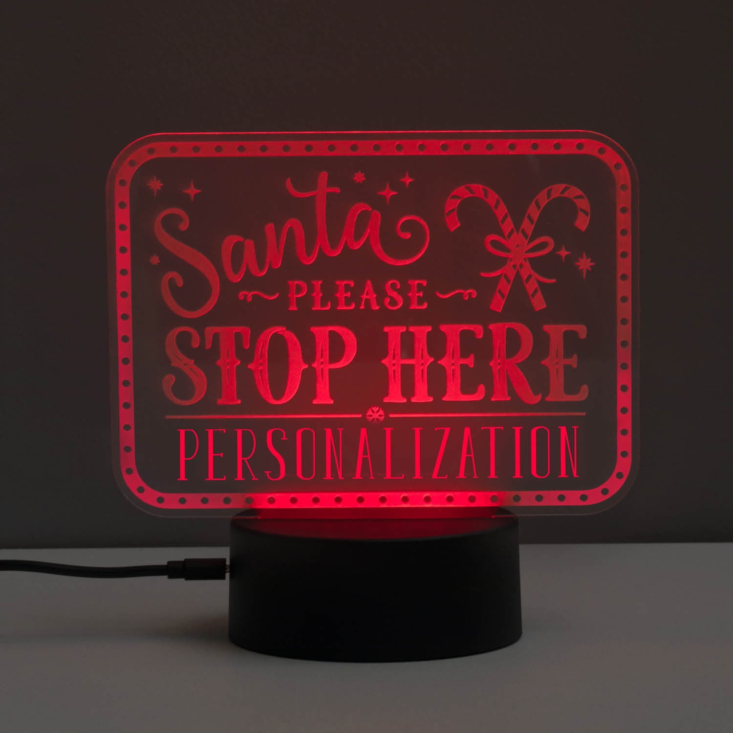 Personalized Planet Santa Stop Here Multicolor LED Christmas Night Light with Custom Name Laser Engraved on Acrylic Design Insert