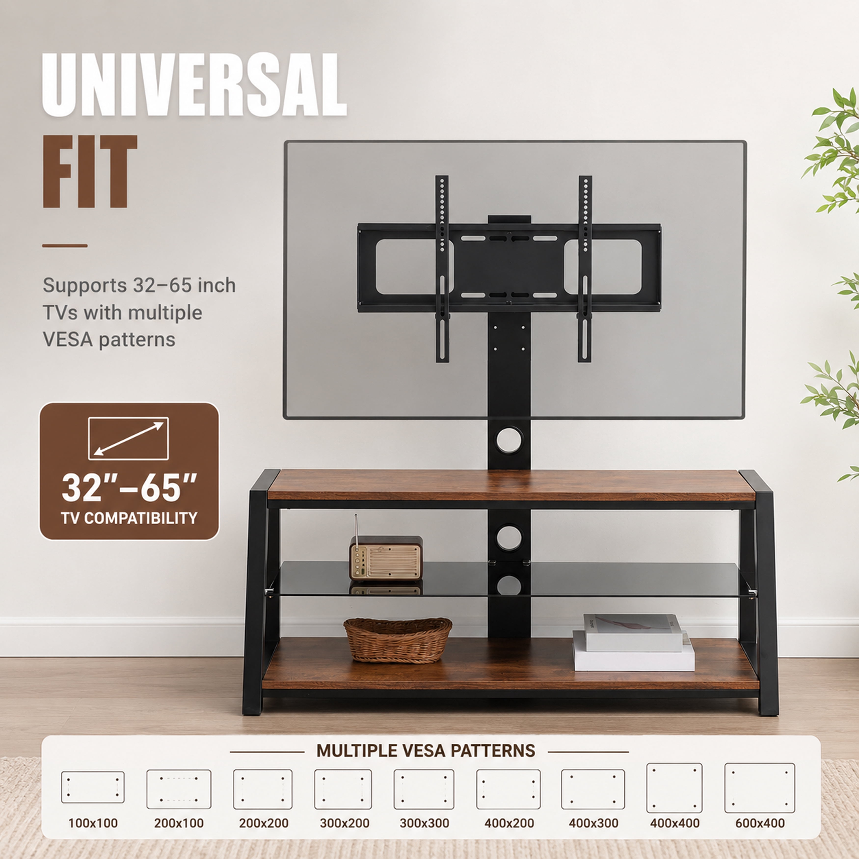 Wooden TV Stand with Swivel Mount, Height Adjustable Universal TV Floor Stand for 32-65 Inch TVs, 3-Tier Tempered Glass Entertainment Center with Power Outlet, Wire Management