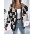 thumbnail image 5 of Women'S Autumn and Winter Contrast Color Plaid Lantern Sleeve Cardigan Sweater Mid-Length Coat Black S, 5 of 9