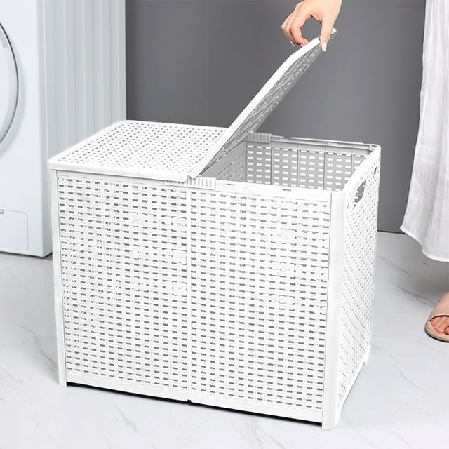 YIMWNYI Foldable Dirty Clothes Basket, Plastic Laundry Basket, Durable Storage with Divider, Space-Saving Design, Odor-Proof Wicker Style, Home Organization Solution