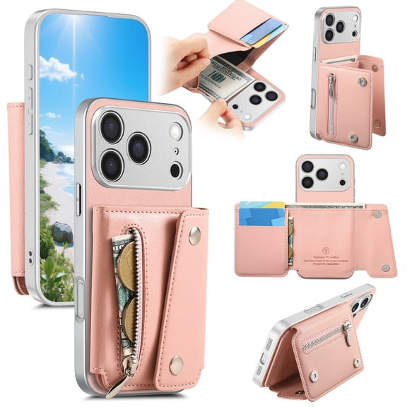 Decase Wallet Case for iPhone 17 Pro Max with Zipper Pocket Card Slots Cash Holder Magnetic Kickstand PU Leather Cover, Pink