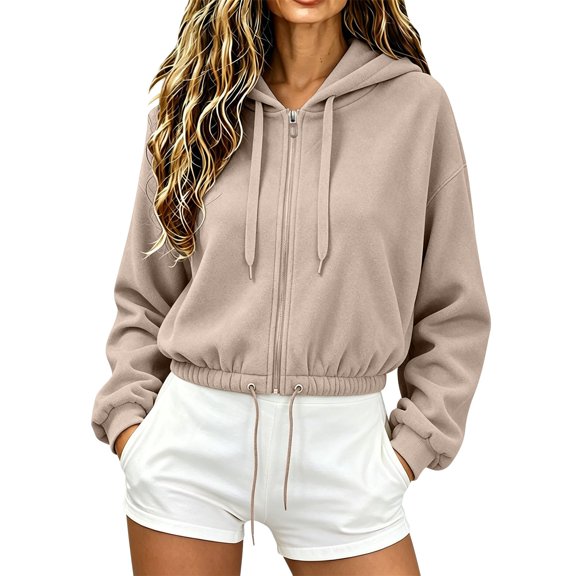 MSJUHEG Zip Up Hoodie Women Plain Hoodies Comfort Hoodie Sweatershirt Coat Full Zip Oversized Hoodie Travel Hoodie Hoodies for Men and Women Sweatshirt for Women Beige L