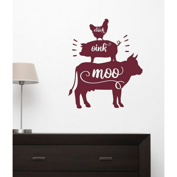 Stacked Rooster Pig Cow Cluck Oink Moo Quote Decals for Wall - Die-Cut Vinyl Wall Art - Rustic Farmhouse Wall Art Decor - Kitchen Wall Stickers - Inspirational Vinyl Decals, 23x19-Inch, Burgundy