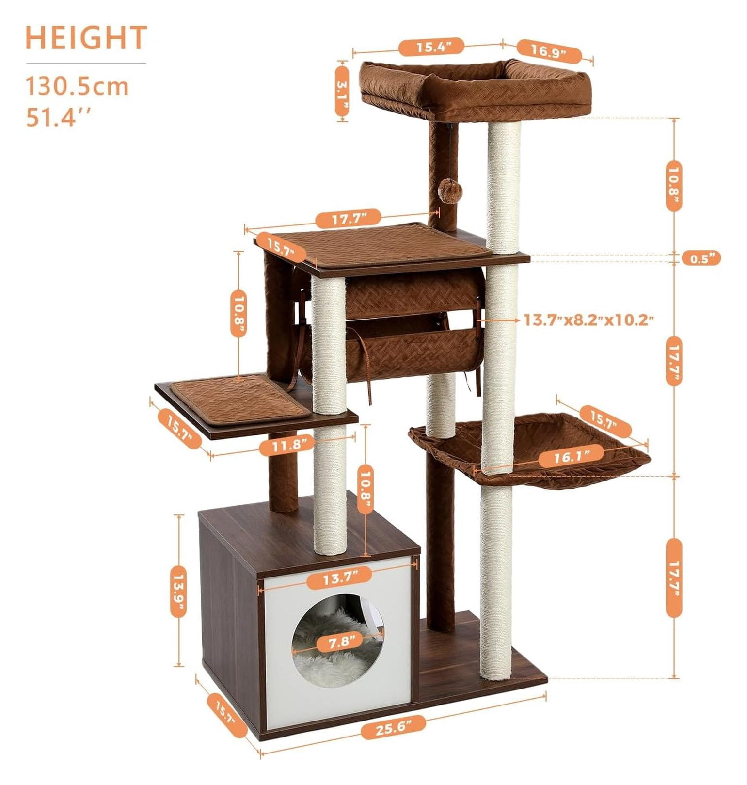 Cat Tree 51.4 Inch Modern Wooden Cat Tower, 6 Levels with Sisal Scratching Posts, Condo, Perch, Hammock & Tunnel - Brown