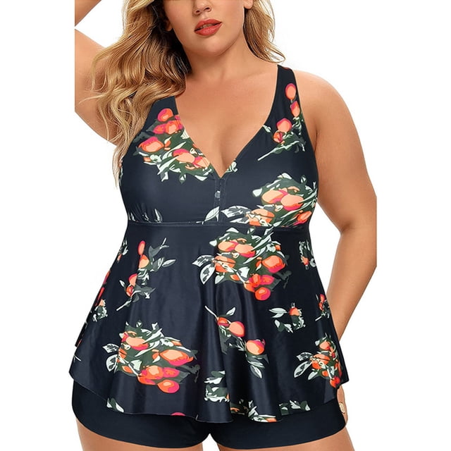 Plus Size Tankini Swimsuits for Women Blouson Tankini Tops with Swim Shorts Two Piece Bathing Suits