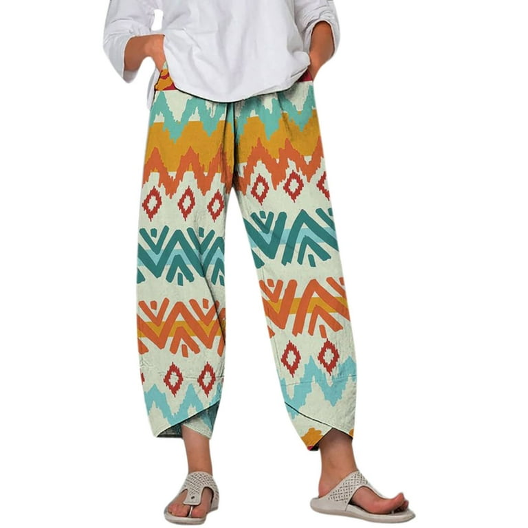 Zodggu Save Big Wide Leg Pants for Women Full Length Elastic High Waist  Chevron Ethnic Pattern Print Athletic Trousers With Pocket Sports Loose Fit