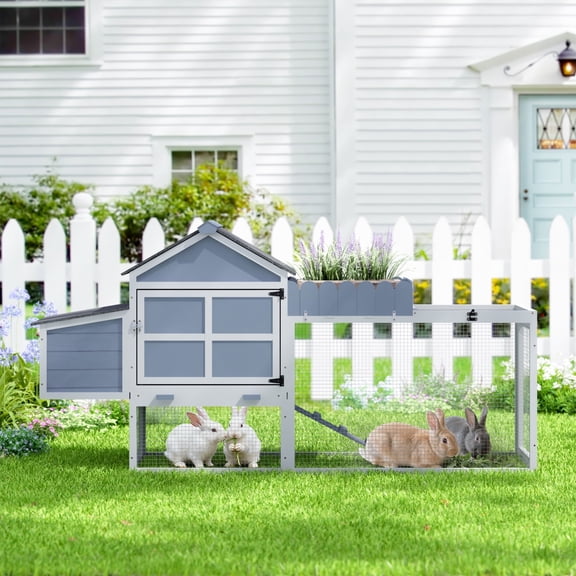 80" Outdoor Wood Chicken Coop, 2-Tier Hen House with Openable PVC Roof & Planter Box, Nesting Box, Run, and Easy-Clean Tray, Backyard Patio Poultry Habitat, Gray