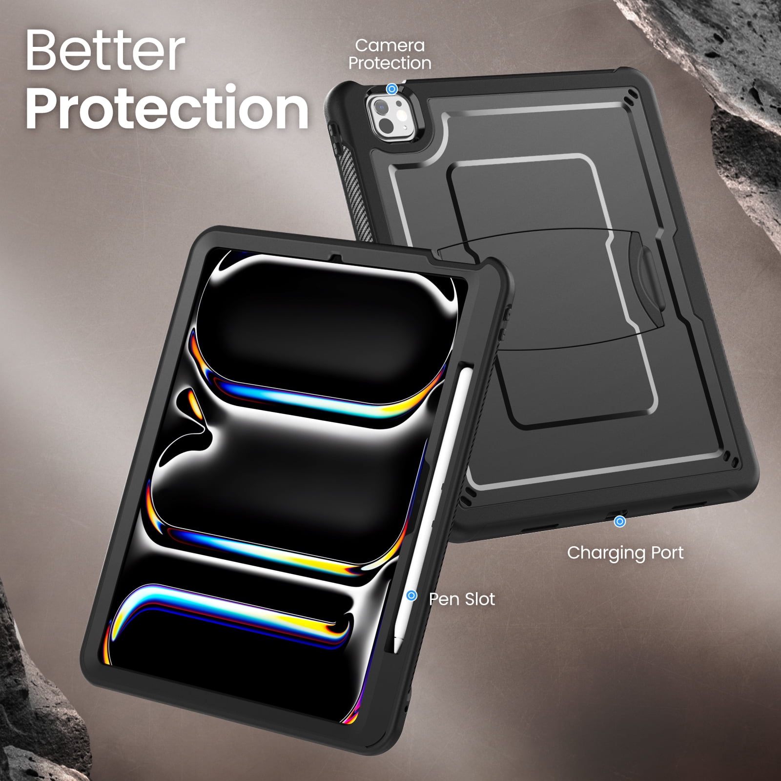 Allytechgroup Case for Apple iPad Pro 13 inch (M4) 2024 with Pencil Holder/ Support Pencil 2nd & Magnetic Attachment Wireless Charging Kickstand Hard PC + Soft TPU Shockproof Stand Rugged Cover, Black