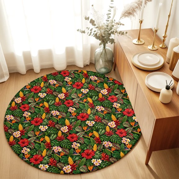 Round Rugs 4Ft, Tropical Botanical Round Area Rug Washable Indoor Throw Carpet, Summer Rainforest Flowers Leaves Rustic Soft Non Slip Circle Rug for Kitchen Nursery Room Home Decor Aesthetic