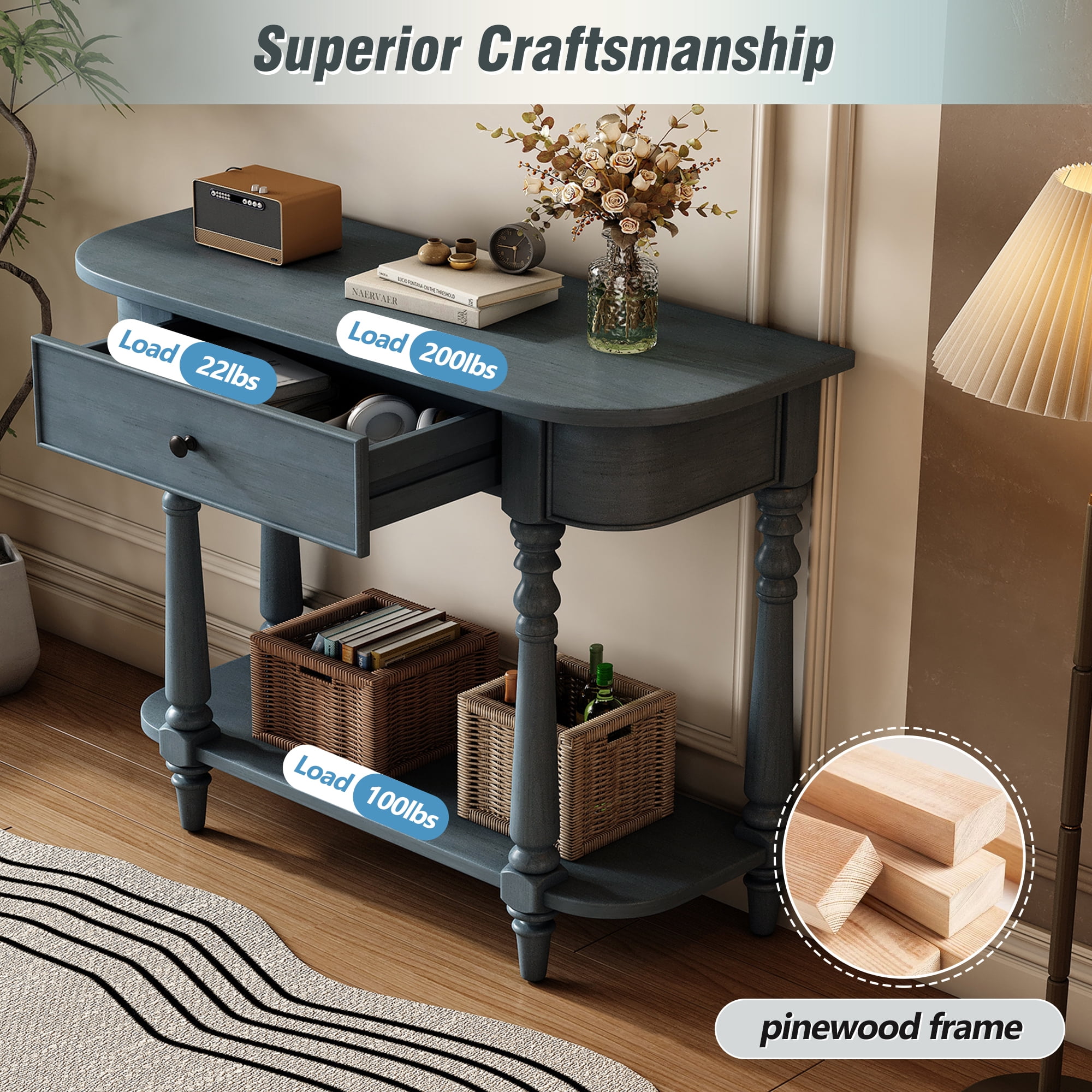EUROCO 36" Retro Console Table with Drawer,Solid Wood Entryway Table Sofa Table with Open Storage Shelf and Corner-Curved Design for Entryway, Hallway and Living Room,Navy