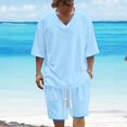 thumbnail image 3 of Cinvoph Men's 2 Piece Set Outfits Short Sleeve V-Neck Solid Color T Shirt and Shorts Outfits Summer Casual Drawstring Workout Holiday Vocation Beach Suits for Men, 3 of 6