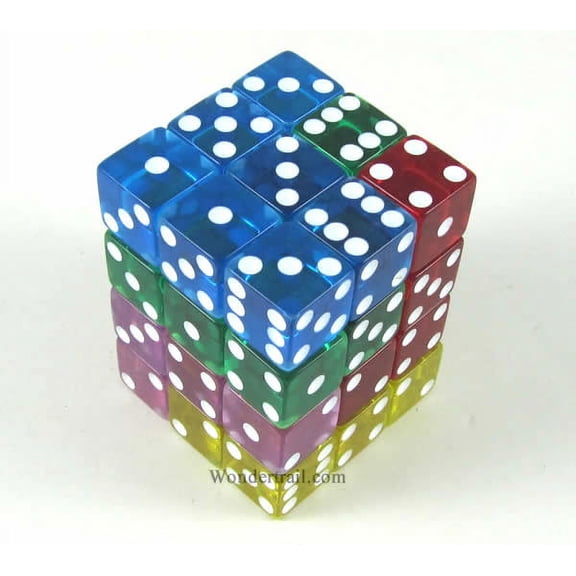 Assorted Transparent Squared Corner Dice with Pips D6 12mm (1/2in) Pack of 36 Koplow Games