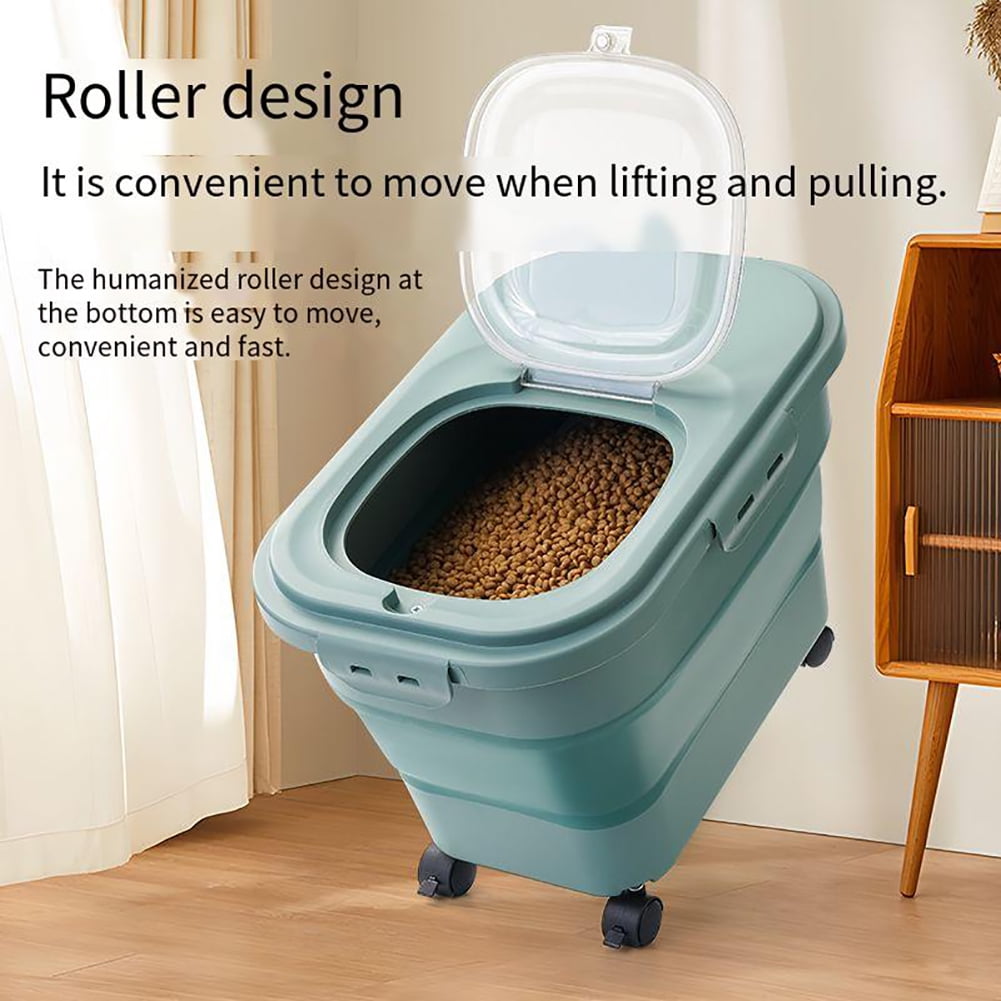 25 Lbs Dispenser Bin with Rolling Wheel Airtight Locking Lid, Cereal Rice Food Storage Containers, Dog Pet Flour Sugar Plastic Leakproof Sealable Large Kitchen Pantry Holder Green