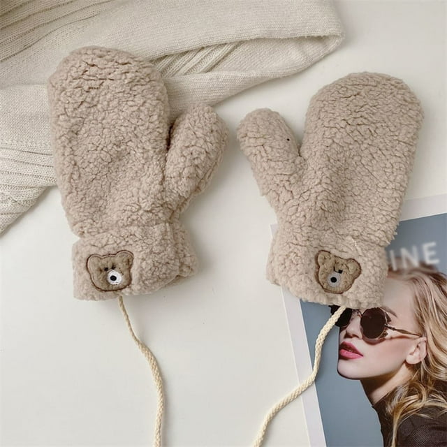 PEIXUN Cold Weather Gloves 3D Cute Bear Double Layer Winter Gloves Female Mittens Braided Rope Thick Thermal Plush Mittens Womens Warm Convertible Fingerless Gloves
