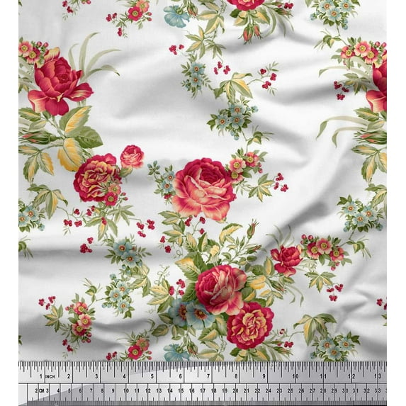 Soimoi Georgette Viscose Fabric Leaves,Red Berries & Rose Floral Print Fabric by The Yard 42 Inch Wide