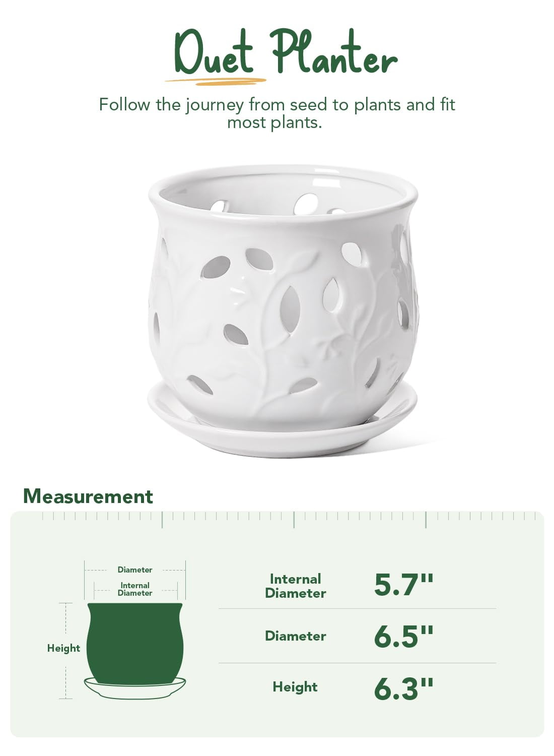 LE TAUCI Orchid Pot, 6.5 Inch Ceramic Planter with Drainage Hole and Saucer, White Indoor Plant Pot for Repotting(Plant not included)