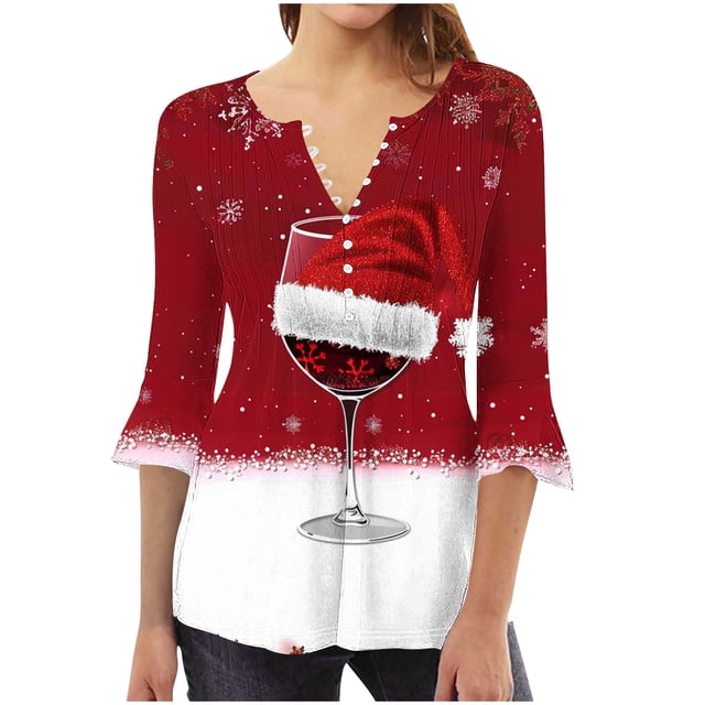 Camisetas con Cuello en V Mujeres Moda Impresa 3/4 Mangas Blusa, Top Cómodo Casual para el Hogar Y Diario