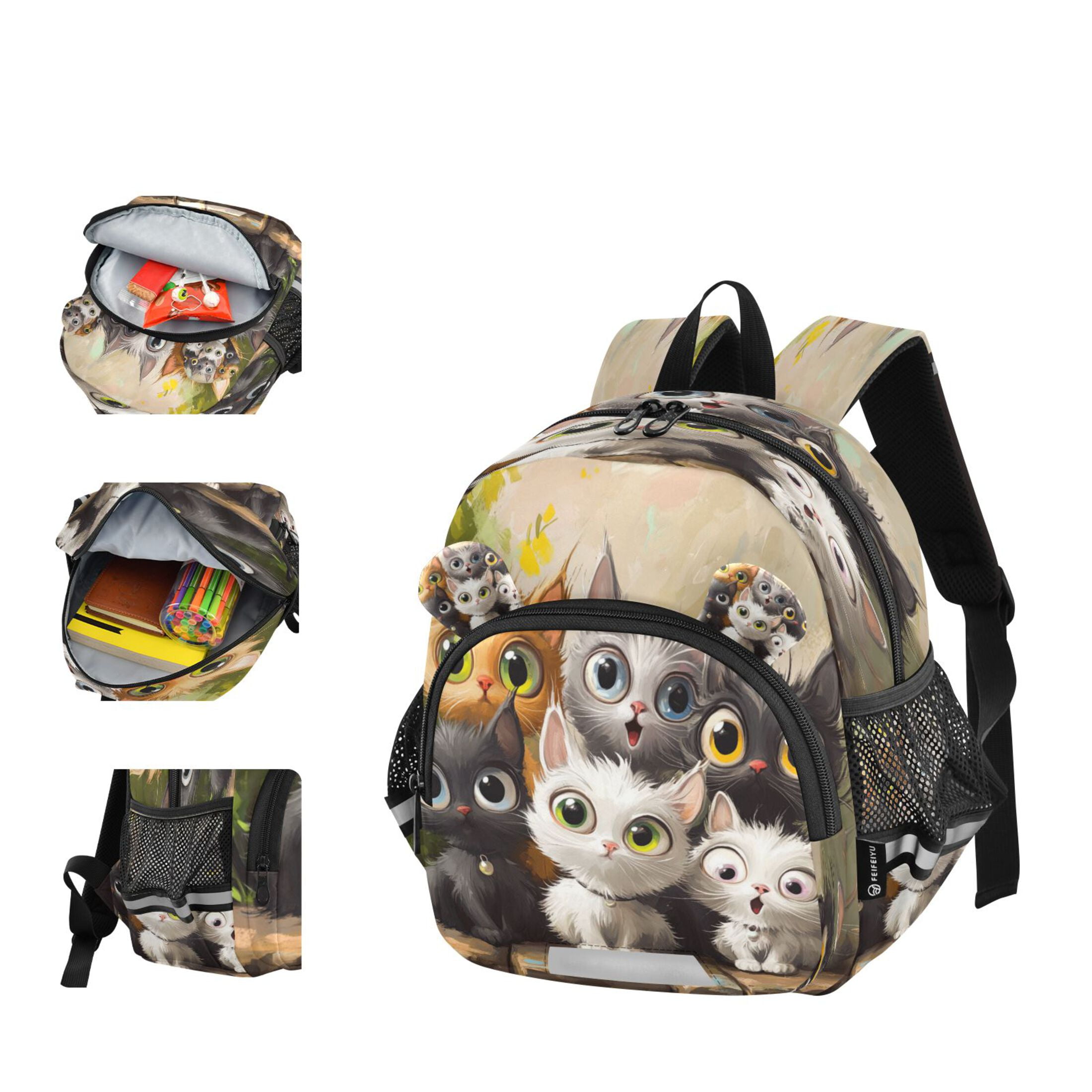 RMDQTR Adorable Ear-Print Backpack with Reflective Strip and Anti-Lost Leash Adjustable Shoulder Straps Mini Travel Backpack Cats with Big Eyes