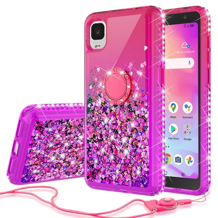 Alcatel TCL A3 A509DL / TCL A30 Case Ring Kickstand Liquid Quicksand Glitter Cute Phone Case Clear Bling Diamond Shock Protective Cover for Girls Women - Hot Pink/Purple
