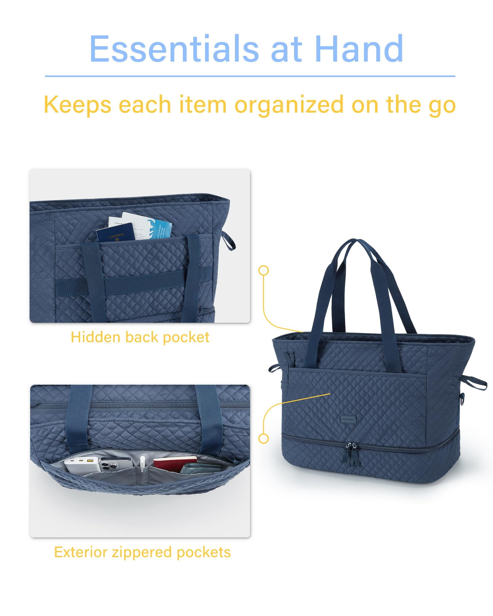 BAGSMART Weekender Overnight Bag, 39L Large Travel Duffle Tote Bag, Fashion Carry On Gym Bag Water-Resistant Shoulder Handbags with Shoe Compartment, Navy Blue
