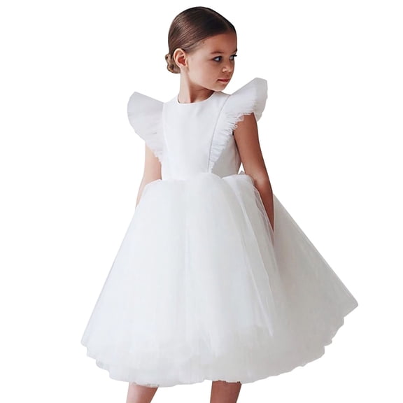 Tfken Summer Dresses For Girls A Line Solid Color Crew Neck Fly Sleeve Tutu Tulle Dresses For Party Performance Kids Soft Clothes White Size 5-6 Years