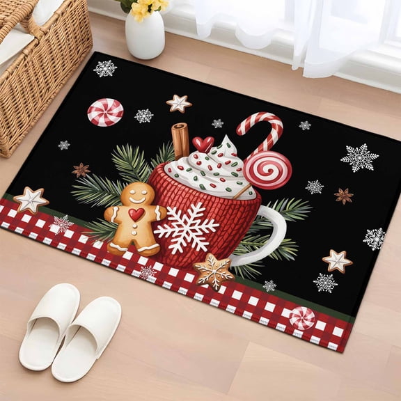 Black Christmas Entryway Rug 2'x3' Non Slip Front Door Mats, Ice Cream Snowflakes Pine Needles Check Entrance Rugs Indoor Outdoor Carpet, Washable Floor Mats Small Area Rug for Bedroom Kitchen