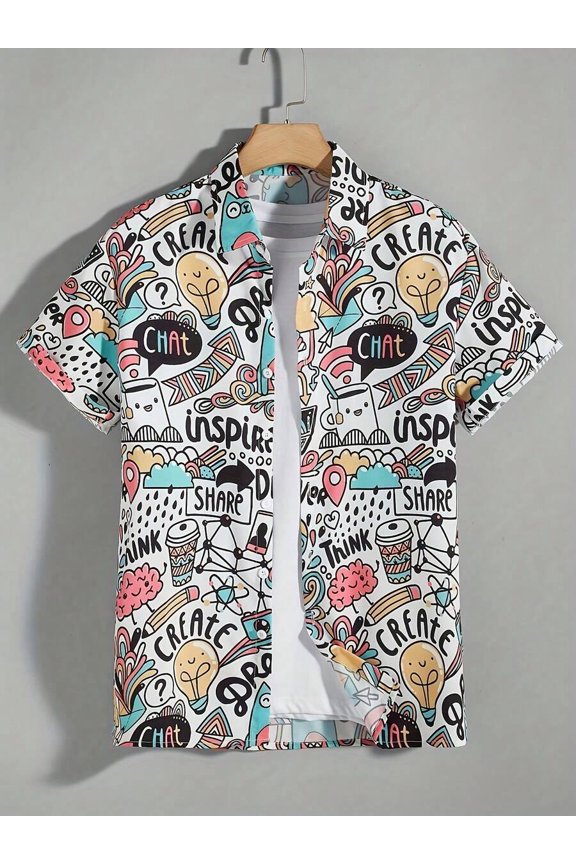 White Mens Casual Button-Up Shirt With Colorful Doodle Art Print Featuring Create Inspire Think Share Motivational Words