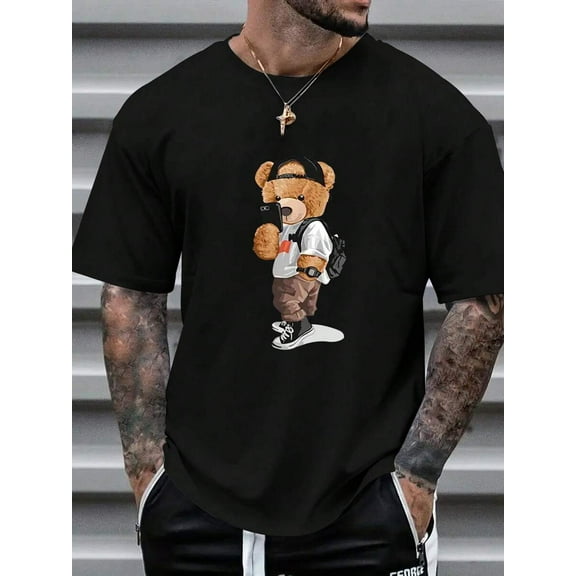 Men's Casual Cartoon Bear Print Short Sleeve Crew Neck T-Shirt, Suitable For Commuting, Summer