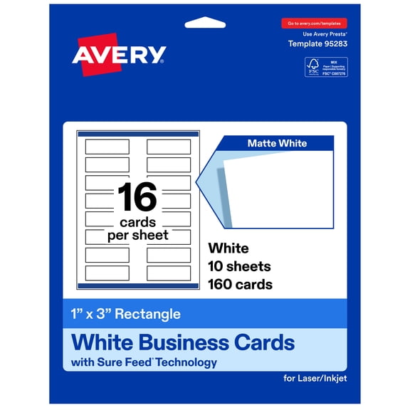 Avery Rectangle Business Cards, 1" x 3", Matte White, 160 Total