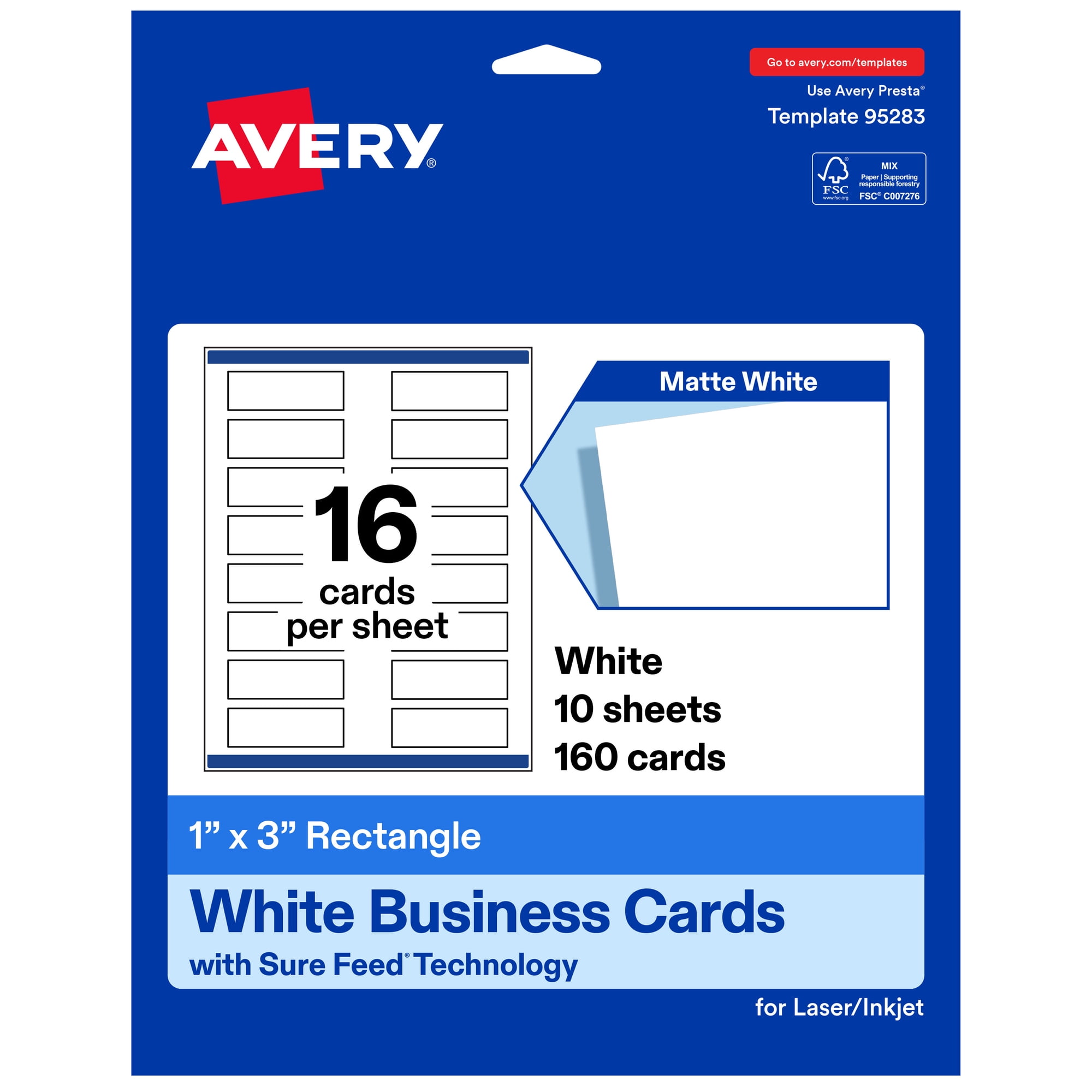 Avery Rectangle Business Cards, 1" x 3", Matte White, 160 Total