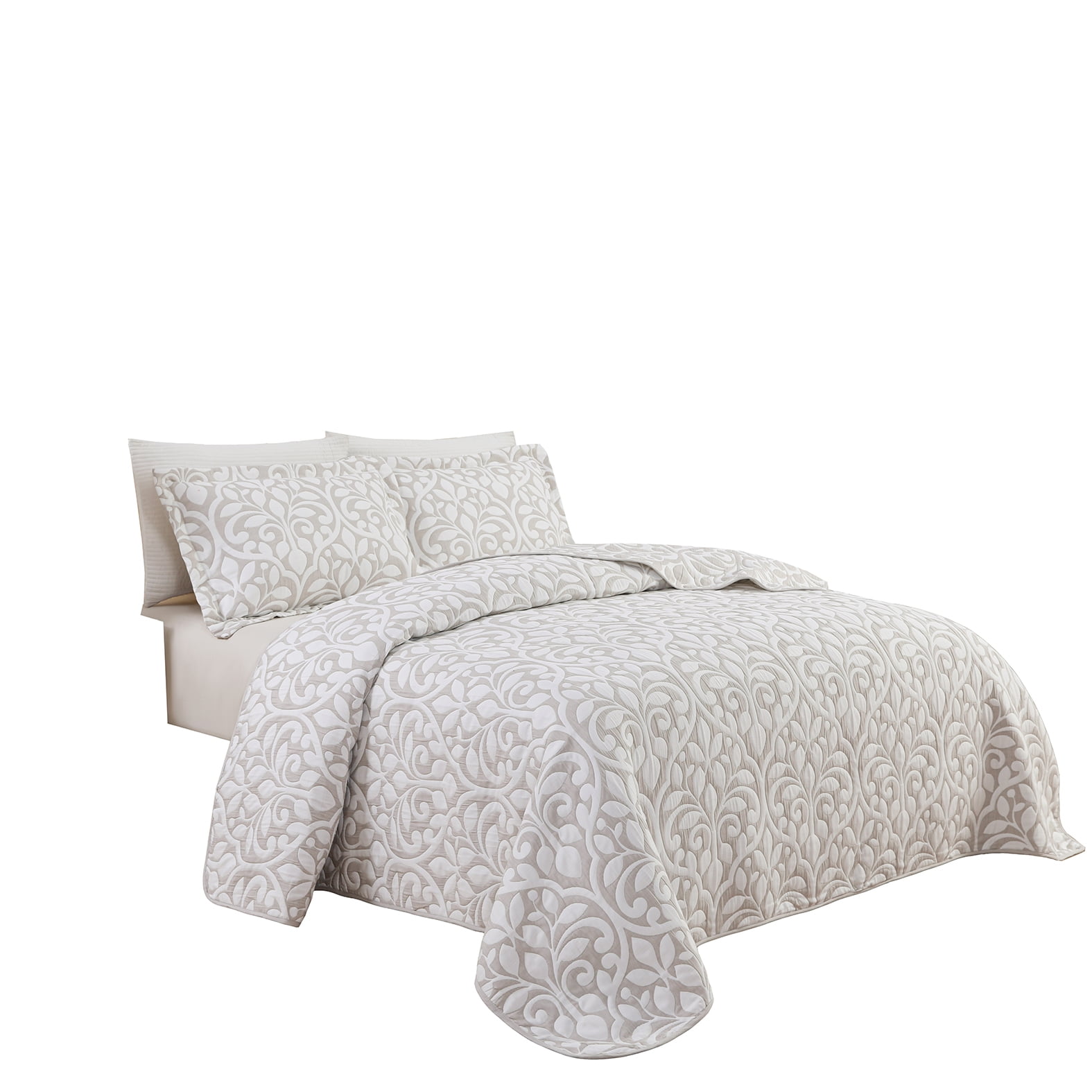 Couvre-lit brodé en jacquard Marina Decoration, couvre-lit ultra doux, parure de lit réversible d'été avec taies d'oreiller matelassées, motif de feuilles grises