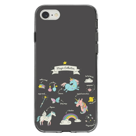 DistinctInk Clear Shockproof Hybrid Case for iPhone 7 8 SE (2020 Model) 4.7" Screen TPU Bumper Acrylic Back Tempered Glass Screen Protector - Magic Collection Grey - Unicorn, Rainbow