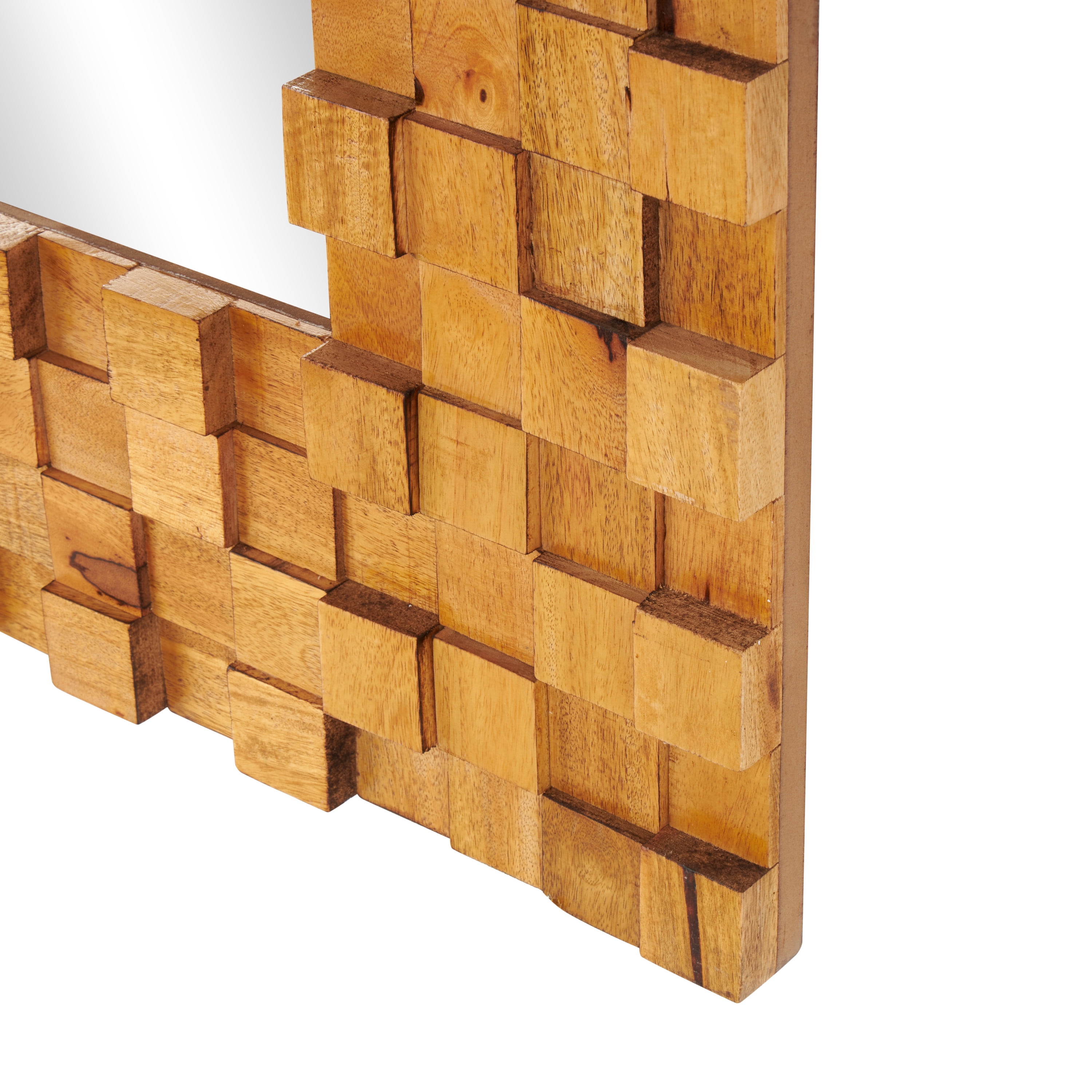 DecMode 36" x 72" Brown Mango Wood Geometric Handmade Dimensional Square Mosaic Floor Mirror with Natural Wood Grain Patterns