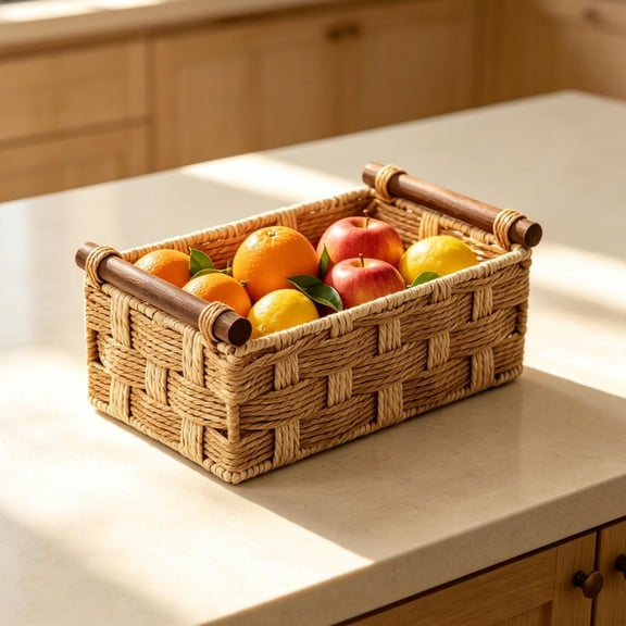 Wicker Storage Basket with Wooden H Rustic Woven Decor Tray for Bathroom Countertop, Shelves, Closets, Tabletop Organizer Plastic Woven Basket for Cosmetics, Toiletries, Toys