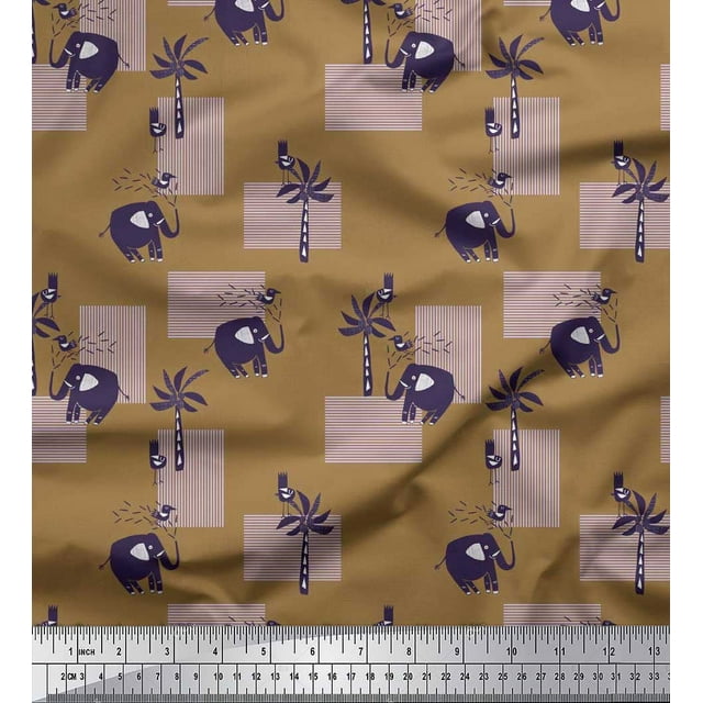 Soimoi Velvet Fabric Bird,Coconut Tree & Elephant Kids Printed Craft Fabric by The Yard 58 Inch Wide