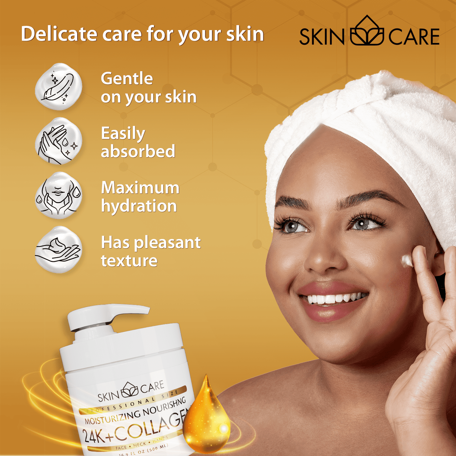 Skin Care 3-in-1 24K Gold & Collagen Moisturizing Cream for Face, Neck and Hands - Delicate and Easily Absorbed Daily Cream for All Skin Types - 16.9 fl. oz.